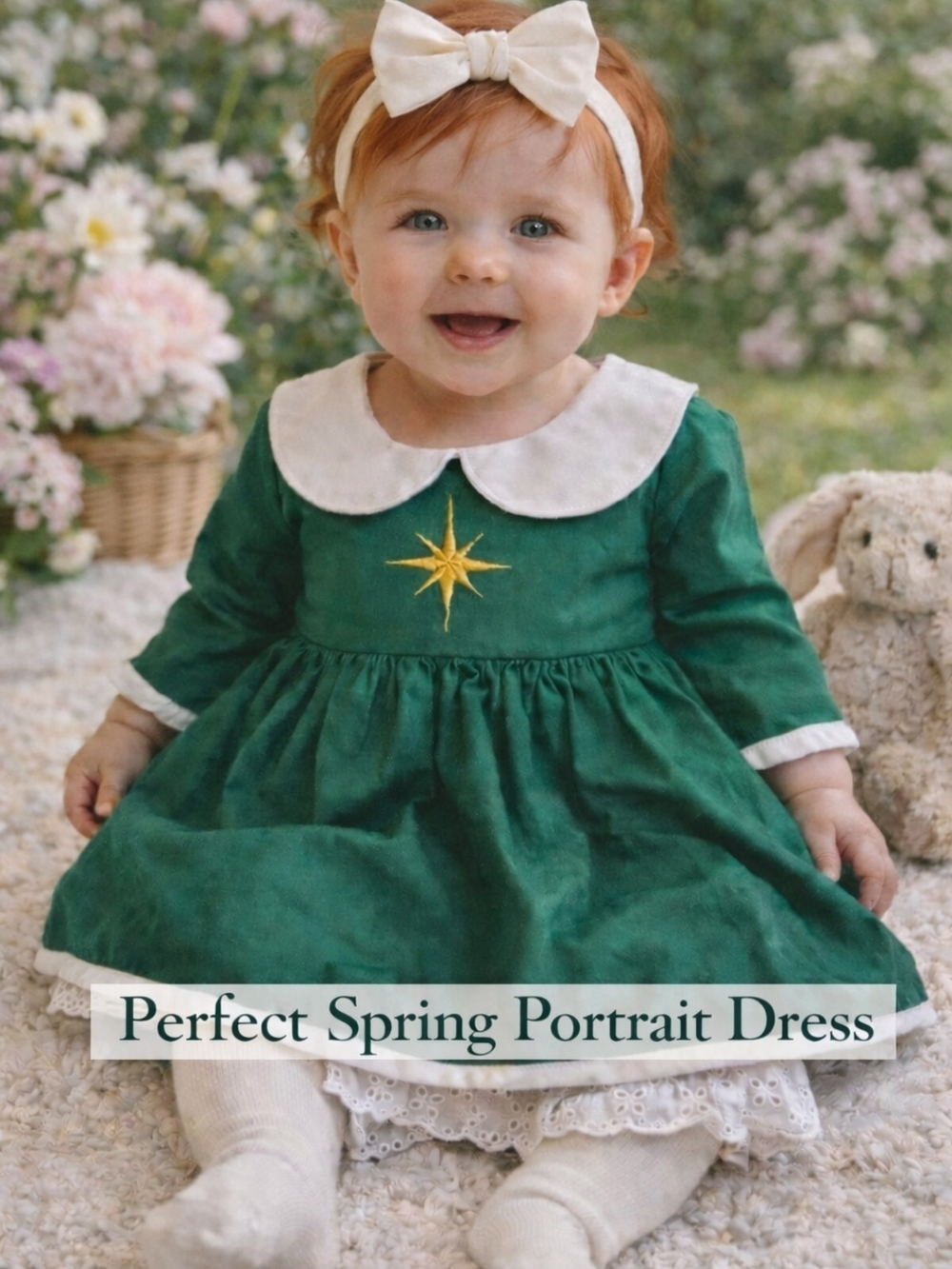 Green Star-Embroidered Baby Portrait Dress with Cream Collar